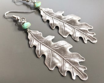 Silver Leaf Earrings - Leaf Jewelry - Oak Leaf Earrings, Boho Earrings, Nature Jewelry, Botanical Jewelry, Long Earrings, Nature Gift