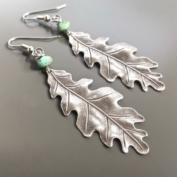 Silver Leaf Earrings - Leaf Jewelry - Oak Leaf Earrings, Boho Earrings, Nature Jewelry, Botanical Jewelry, Long Earrings, Nature Gift