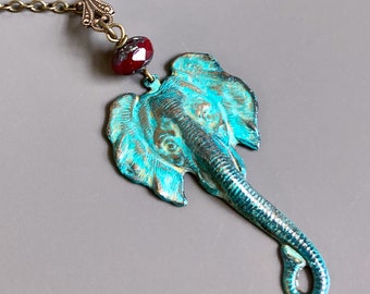 Elephant Necklace - Verdigris Patina, Animal Jewelry, Nature Jewelry, Safari, Elephant Jewelry, Gift for Woman, Birthday