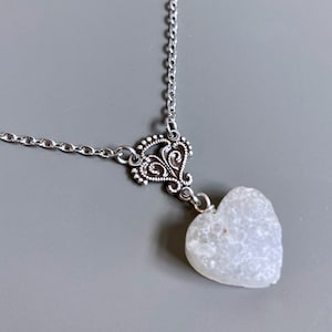 Druzy Heart Necklace - Quartz,  Sterling Silver, Crystal Necklace, Gift for Woman, Wedding Jewelry, Gift for Woman, Birthday, Anniversary