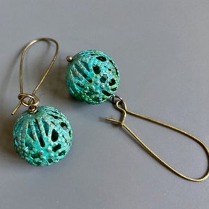 Filigree Drop Earrings - Verdigris Patina, Ball Earrings, Dangly, Boho Earrings, Turquoise, Gift for Woman, Birthday, Christmas, Friend Gift