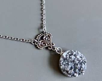 Silver Druzy Necklace - Titanium Druzy, Crystal Necklace, Wedding Jewelry, Statement Necklace, Special Occasion, Sparkly, Gift for Woman