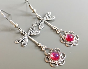 Silver Dragonfly Earrings - Dragons Breath Glass Opals, Filigree Earrings, Dragonfly Jewelry, Gift for Woman, Graduation, Birthday