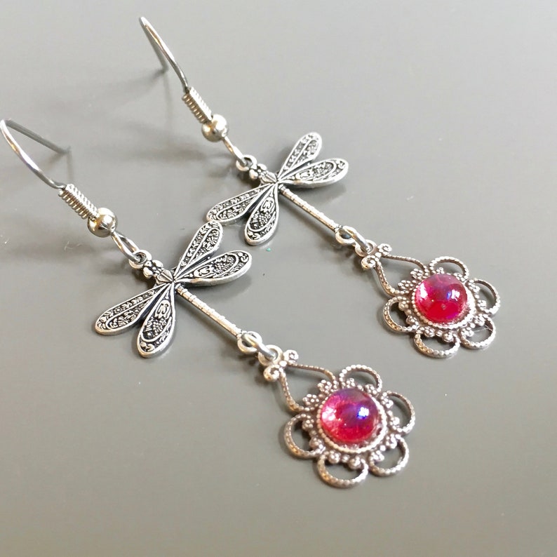 Silver Dragonfly Earrings Dragons Breath Glass Opals, Filigree Earrings, Dragonfly Jewelry, Gift for Woman, Graduation, Birthday image 1