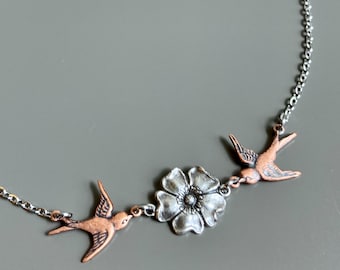 Mixed Metal Bird Flower Necklace - Small Bird Necklace, Bird Jewelry, Gift for Woman, Mother Gift, Friend Gift, Graduation Gift, Birthday