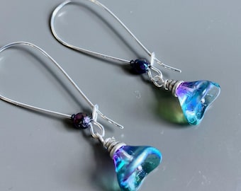 Peacock Flower Earrings - Nature Jewelry, Flower Earrings, Botanical Jewelry, Garden Gift, Garden Jewelry, Purple, Turquoise, Rainbow