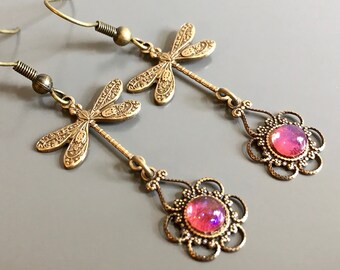 Brass Dragonfly Earrings - Dragons Breath Glass Opals, Filigree Earrings, Dragonfly Jewelry, Gift for Woman, Birthday, Nature Lover