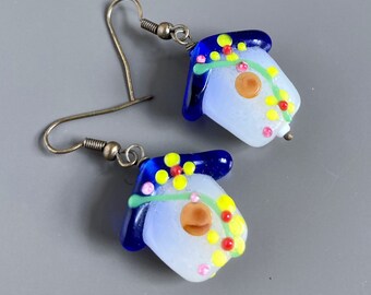 Glass Birdhouse Earrings - Bird Jewelry, Bird Lover Gift, Nature Gift, Gift for Woman, Bird Gift, Birthday Gift, Graduation, Nature Lover