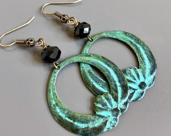 Patina Hoop Earrings - Boho Earrings, Turquoise and Black, Verdigris Earrings, Lotus Earrings, Nature Jewelry, Floral Jewelry
