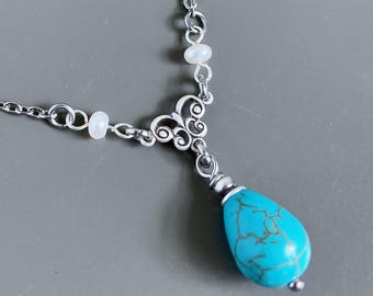 Turquoise and Pearl Necklace - Turquoise Magnesite, Teardrop Necklace,  Nature Gift, Gift for Woman, Birthday Gift