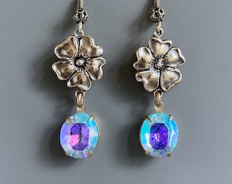 Rhinestone Flower Earrings - Clear Glass, Flower Jewelry, Botanical Jewelry, Iridescent Earrings, Crystal, Gift for Woman, Birthday Gift