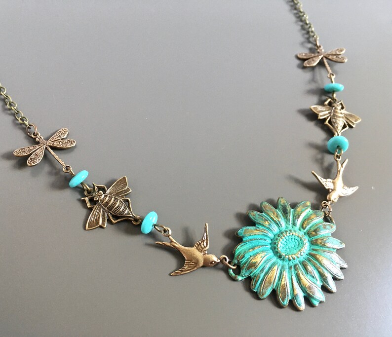 Dragonfly Necklace Sunflower Garden Necklace Bee Necklace Botanical Jewelry Flower Necklace Gift for Gardener Bird Necklace
