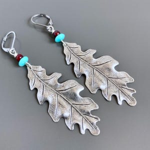 Silver Leaf Earrings - Turquoise and Red,  Leaf Jewelry - Oak, Boho Earrings, Nature Jewelry, Botanical Jewelry, Long Earrings, Nature Gift