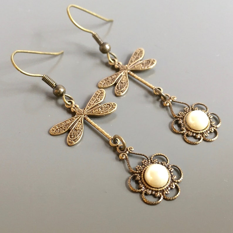 Brass Dragonfly Earrings Pearl Earrings, Filigree Earrings, Dragonfly Jewelry, Gift for Woman, Birthday Gift, Anniversary, Graduation image 1