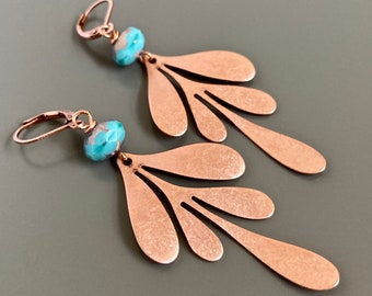 Pendientes Boho Oro Rosa - Pendientes Hoja, Pendientes Largos, Pendientes Ligeros, Pendientes Azules, Regalo para Mujer, Regalo de Cumpleaños, Regalo de Graduación