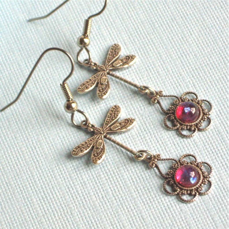 Silver Dragonfly Earrings Dragons Breath Glass Opals, Filigree Earrings, Dragonfly Jewelry, Gift for Woman, Graduation, Birthday image 4