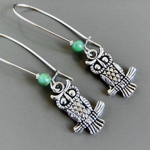Silver Owl Earrings - Bird Earrings, Owl Jewelry, Nature Jewelry, Bird Jewelry, Flower Earrings, Turquoise Earrings, Bird Gift, Nature Gift