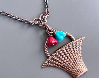 Flower Basket Necklace - Copper, Czech Glass, Turquoise, Red, Garden Jewelry, Botanical Jewelry, Flower Necklace, Floral Jewelry