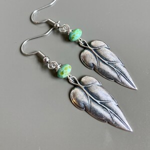 Silver Leaf Earrings - Boho Earrings, Long Earrings, Leaf Jewelry, Botanical Jewelry, Turquoise, Red, Lightweight Earrings, Gift for Woman
