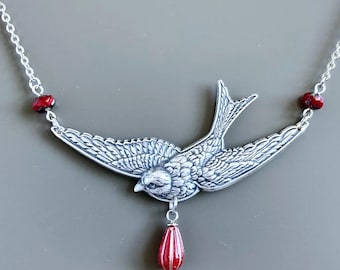 Silver Bird Necklace - Red, Bird Jewelry, Swallow, Nature Jewelry, Gift for Woman, Large Bird, Bird Lover Gift, Birthday Gift, Friend Gift