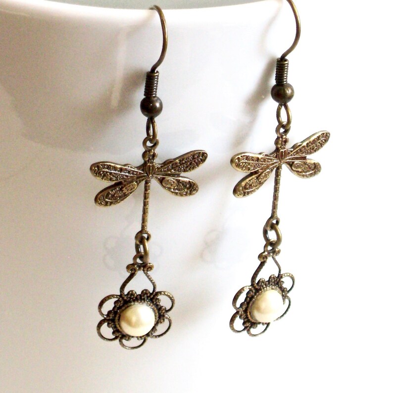 Brass Dragonfly Earrings Pearl Earrings, Filigree Earrings, Dragonfly Jewelry, Gift for Woman, Birthday Gift, Anniversary, Graduation image 5