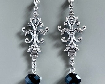 Ornate Silver Earrings - Black Crystal, Fancy Earrings, Dressy Earrings, Victorian Earrings, Gift for Woman, Wife Gift, Christmas Gift