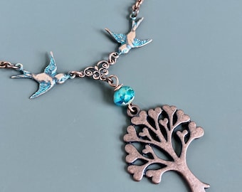 Bird and Tree Necklace - Tree of Life, Nature Jewelry, Botanical Jewelry, Nature Necklace, Nature Gift, Gift for Woman, Turquoise, Copper