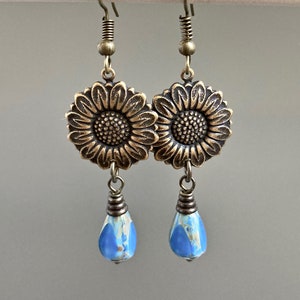 Brass Sunflower Earrings - Blue Earrings, Flower Earrings, Nature Jewelry, Garden Jewelry, Botanical Jewelry