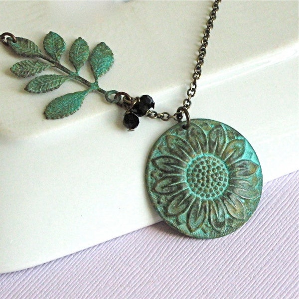Sonnenblume Halskette - Grünspan Patina Messing, Blume Schmuck