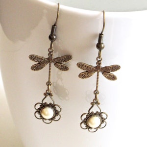 Brass Dragonfly Earrings Pearl Earrings, Filigree Earrings, Dragonfly Jewelry, Gift for Woman, Birthday Gift, Anniversary, Graduation image 3