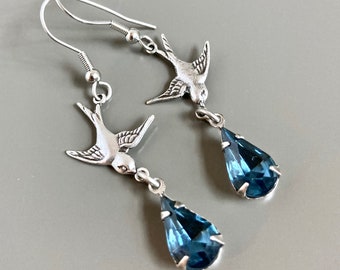Orecchini Uccello d'Argento - Orecchini Blu, Orecchini Strass, Gioielli Uccello, Gioielli Natura, Regalo Uccello, Regalo Natura, Orecchini a goccia