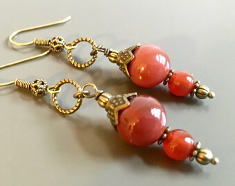 Carnelian Earrings - Brass Earrings, Gemstone Jewelry, Carnelian Jewelry, Orange Earrings, Gift for Woman, Birthday Gift, Mothers Day Gift