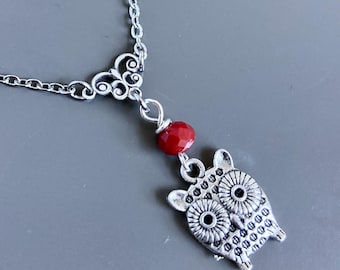 Silver Owl Necklace - Owl Jewelry, Bird Necklace, Bird Jewelry, Red, Nature Lover Gift, Nature Jewelry, Gift for Woman, Bird Lover Gift