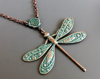 Teal Copper Dragonfly Necklace - Patina Necklace, Dragonfly Jewelry, Dragonfly Gift, Gift for Woman, Turquoise and Copper, Gift for Teen