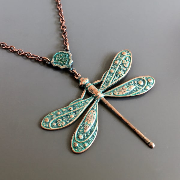 Teal Copper Dragonfly Necklace - Patina Necklace, Dragonfly Jewelry, Dragonfly Gift, Gift for Woman, Turquoise and Copper, Gift for Teen