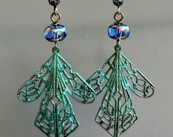 Filigree Earrings - Verdigris Patina, Iridescent, Purple, Blue, Pink, Gold, Lightweight Earrings, Dangly Earrings, Gift for Woman,