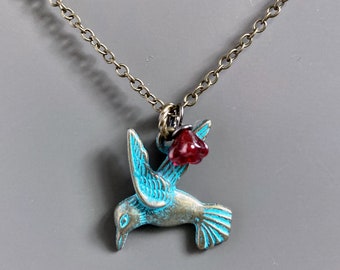 Hummingbird Necklace - Patina Jewelry, Bird Jewelry, Nature Jewelry, Flower Jewelry, Garden Jewelry, Gift for Woman, Graduation Gift, Girl