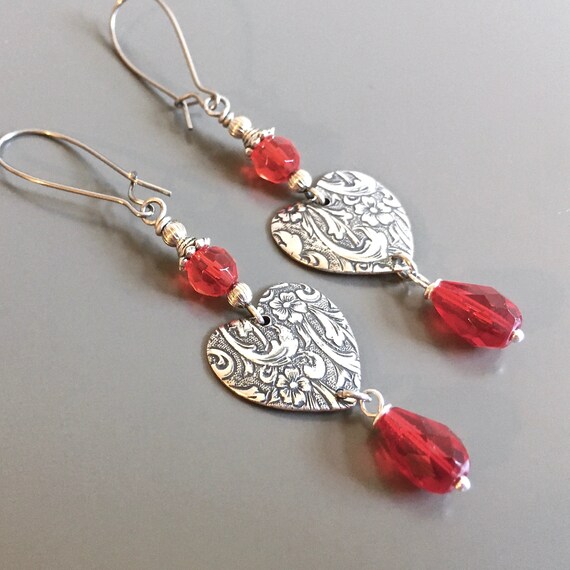Silver Heart Earrings Red Crystal Earrings Long Earrings | Etsy