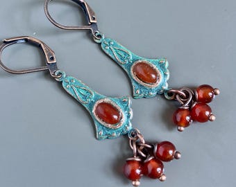 Pendientes de cornalina - Pendientes de pátina, pequeños, naranjas, turquesas, Art Déco, ligeros, regalo para mujer, regalo para esposa