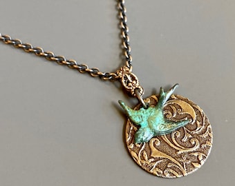 Bird Necklace - Verdigris Patina, Bird Jewelry, Bird Gift, Gift for Woman, Nature Gift, Birthday Gift, Graduation Gift, Gift for Teen Girl