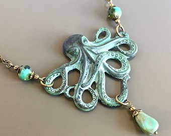 Octopus Necklace - Patina Necklace, Ocean Jewelry, Beach Jewelry, Large Octopus, Beach Themed Gift, Gift for Woman, Beach Wedding