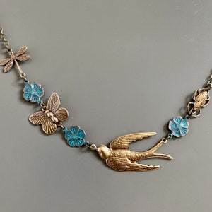 Garden Necklace - Bird Necklace, Butterfly Necklace, Dragonfly Necklace, Flower Necklace, Nature Jewelry, Botanical Jewelry, Asymmetrical