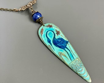 Blue Heron Necklace - Patina Jewelry, Nature Jewelry, Bird Jewelry, Bird Necklace, Gift forWoman, Gift for Bird Lover, Nature Gift, Crane