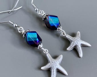 Starfish Earrings - Blue, Purple, Beach Jewelry, Beach Earrings, Beach Wedding, Silver Star Fish, Gift for Beach Lover, Gift for Her