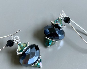 Pendientes de cristal negro y verde azulado: pendientes de cristal, redondos, aguamarina, pendientes brillantes, joyería de fiesta, regalo para mujer, cumpleaños, regalo para esposa.