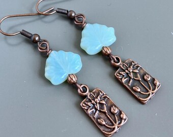 Small Lotus Earrings - Green, Embossed, Flower Earrings, Botanical Earrings, Floral Jewelry, Woman Gift, Teacher Gift, Copper