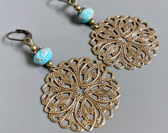 Pendientes de filigrana de latón: pendientes grandes, medallón, pendientes de disco, pendientes ligeros, pendientes checos, pendientes grandes, regalo para mujer