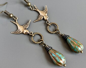 Bird Earrings - Turquoise Earrings, Bird Jewelry, Long Earrings, Nature Jewelry, Gift for Woman, Nature Gift, Bird Gift, Bird Lover Gift