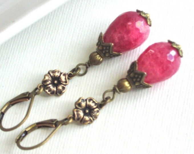Hot Pink Earrings Raspberry Jade Fuschia Drop Brass - Etsy
