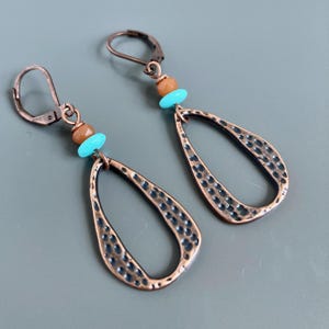 Copper Boho Hoop Earrings - Lightweight Earrings, Boho Jewelry, Turquoise and Copper Earrings, Turquoise and Orange, Gift for Woman